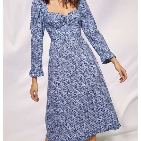 Aritzia Wilfred Polly Blue w White Floral Print Midi Dress - Picture 2 of 15